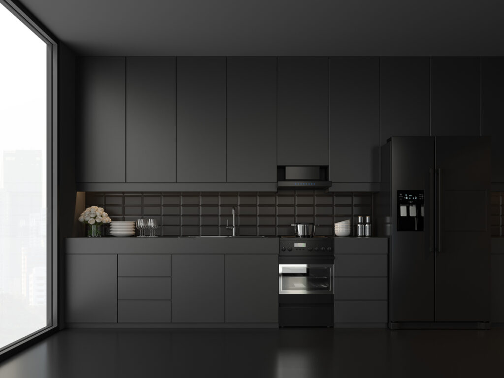 Moderne keuken met zwarte acrylaatvloer